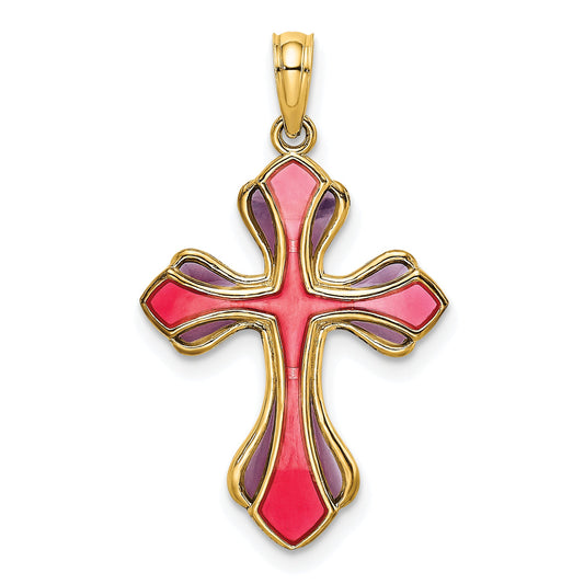 14K Yellow Gold Pink And Purple Enameled Cross Charm