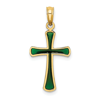 14K Yellow Gold Green Enameled Tapered Cross Charm