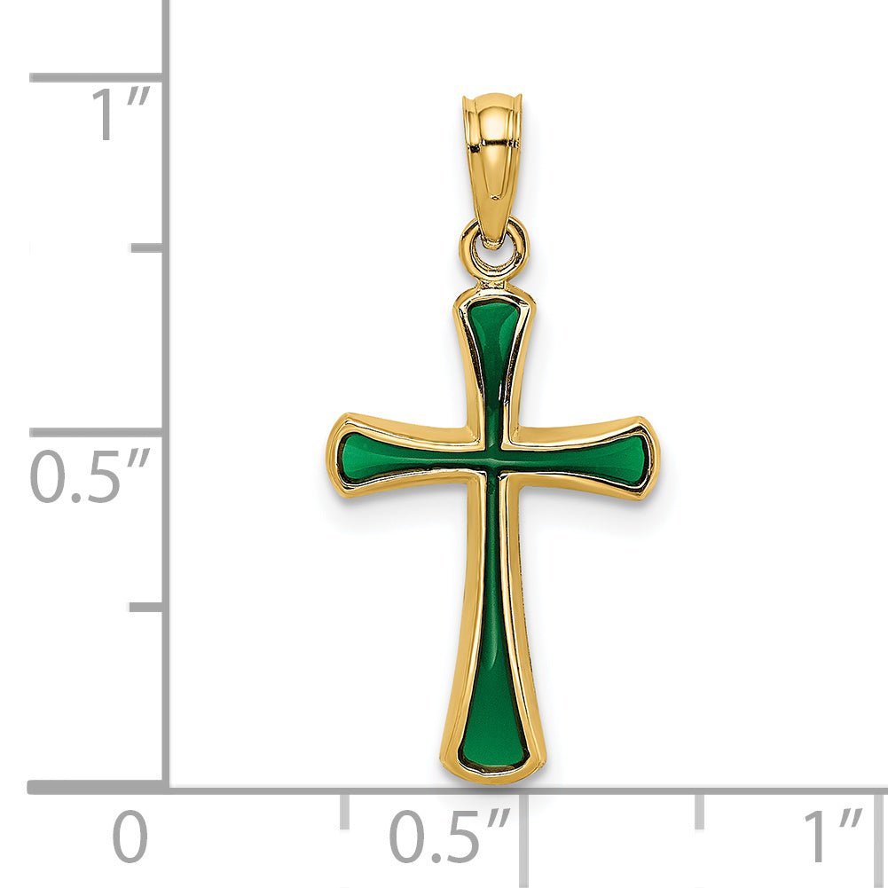 14K Yellow Gold Green Enameled Tapered Cross Charm