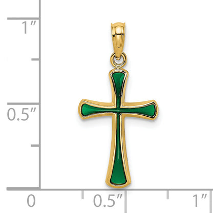 14K Yellow Gold Green Enameled Tapered Cross Charm