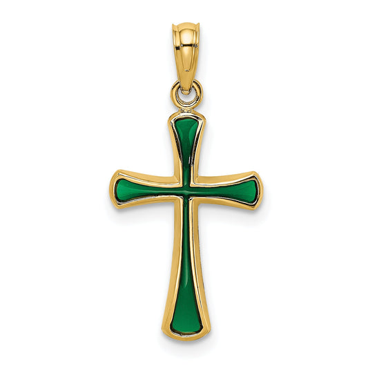 14K Yellow Gold Green Enameled Tapered Cross Charm