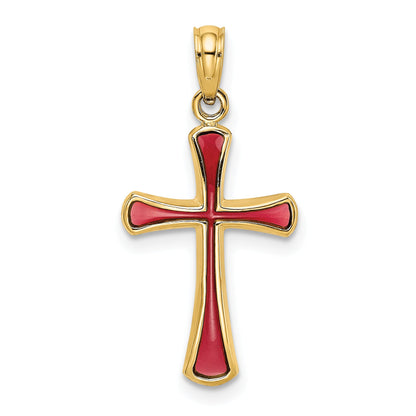 14K Yellow Gold Pink Enameled Tapered Cross Charm