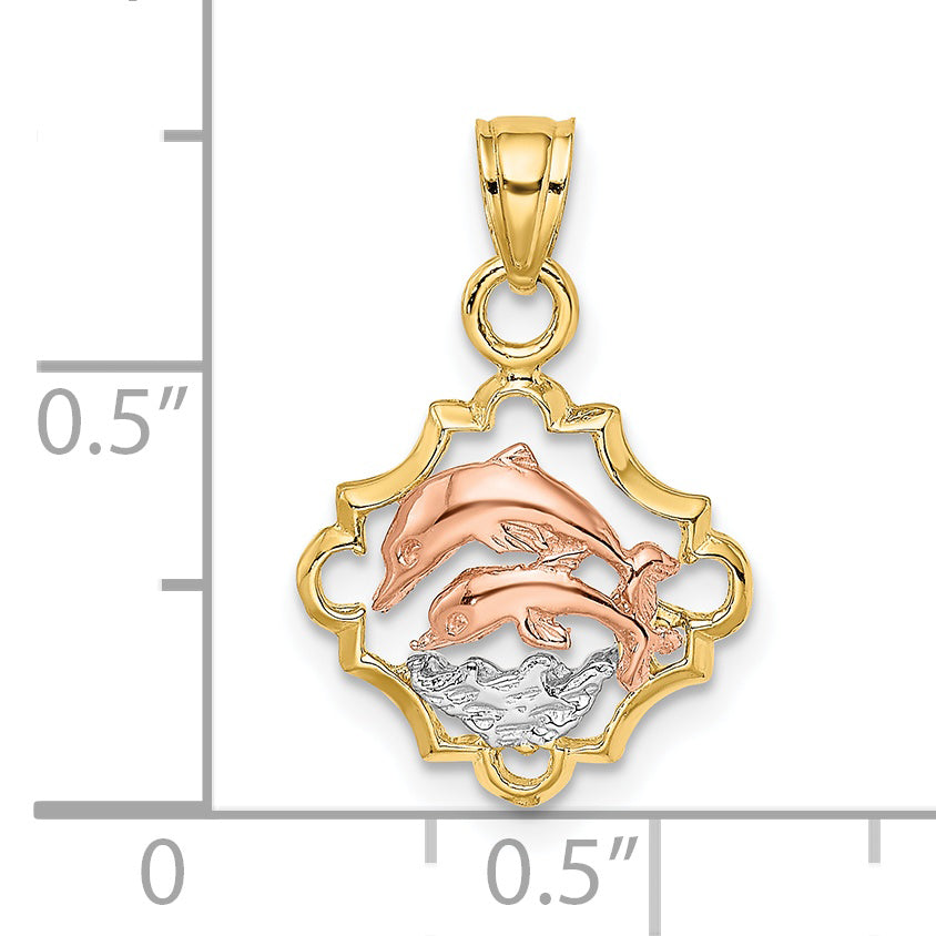14K Two-Tone With White Rhodium Double Dolphins In Frame Charm