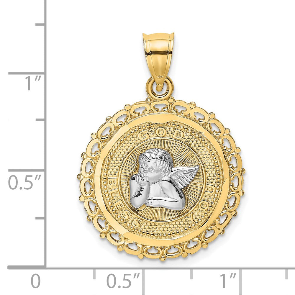14k Yellow & Rhodium Gold W/Rhodium Round Engraved Disc Cherub Charm