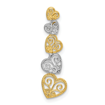 14K Two-Tone Polished Filigree Vertical Hearts Chain Slide