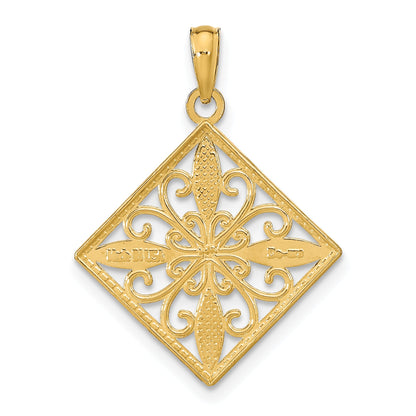 14K Yellow & Rhodium W/Rhodium Flower And Cross Square Charm