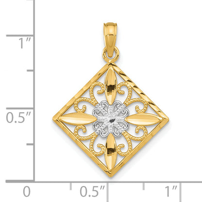 14K Yellow & Rhodium W/Rhodium Flower And Cross Square Charm