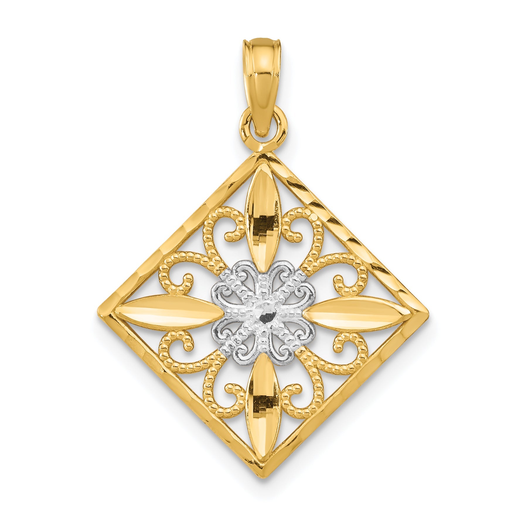 14K Yellow & Rhodium W/Rhodium Flower And Cross Square Charm