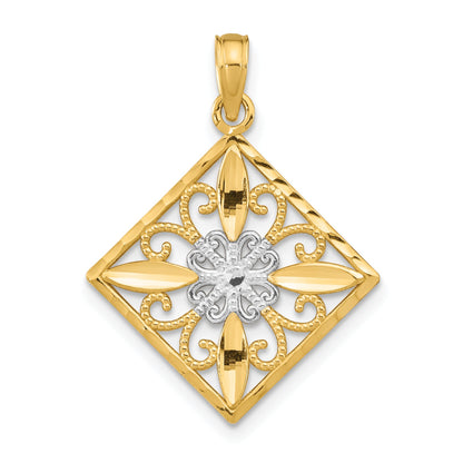 14K Yellow & Rhodium W/Rhodium Flower And Cross Square Charm