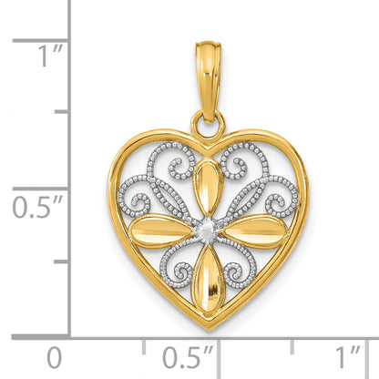 14K Yellow & Rhodium W/Rhodium Textured Filigree Heart Charm