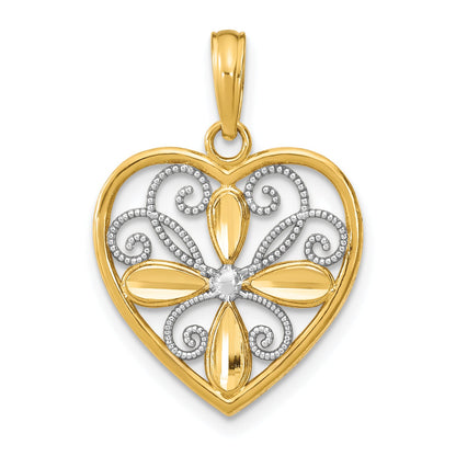 14K Yellow & Rhodium W/Rhodium Textured Filigree Heart Charm