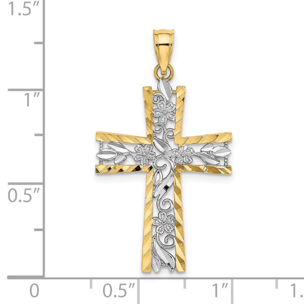 14K Yellow & Rhodium W/ And D/C Flower Design Cross Charm