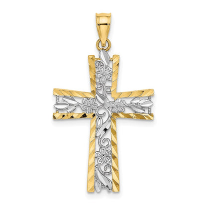 14K Yellow & Rhodium W/ And D/C Flower Design Cross Charm