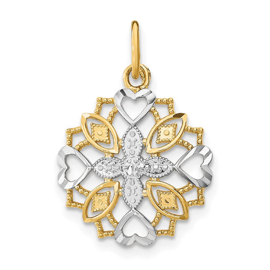 14K Yellow & Rhodium W/Rhodium Center Flower And Heart Charm