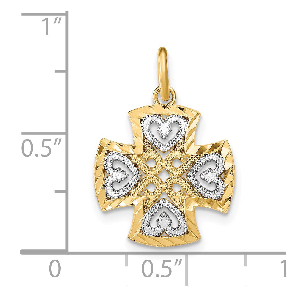 14K Yellow & Rhodium W/Rhodium Hearts And D/C Maltese Cross Charm