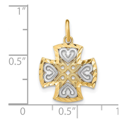 14K Yellow & Rhodium W/Rhodium Hearts And D/C Maltese Cross Charm