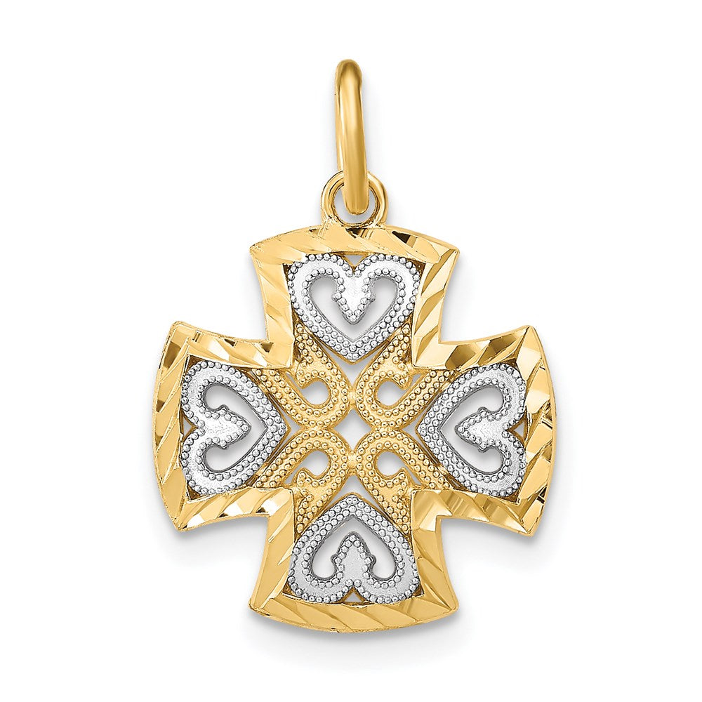 14K Yellow & Rhodium W/Rhodium Hearts And D/C Maltese Cross Charm