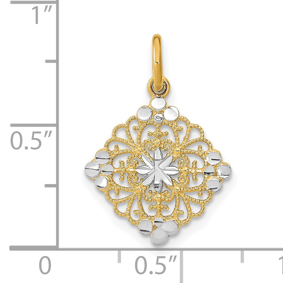 14K Yellow & Rhodium W/Rhodium And D/C Filigree Medallion Charm