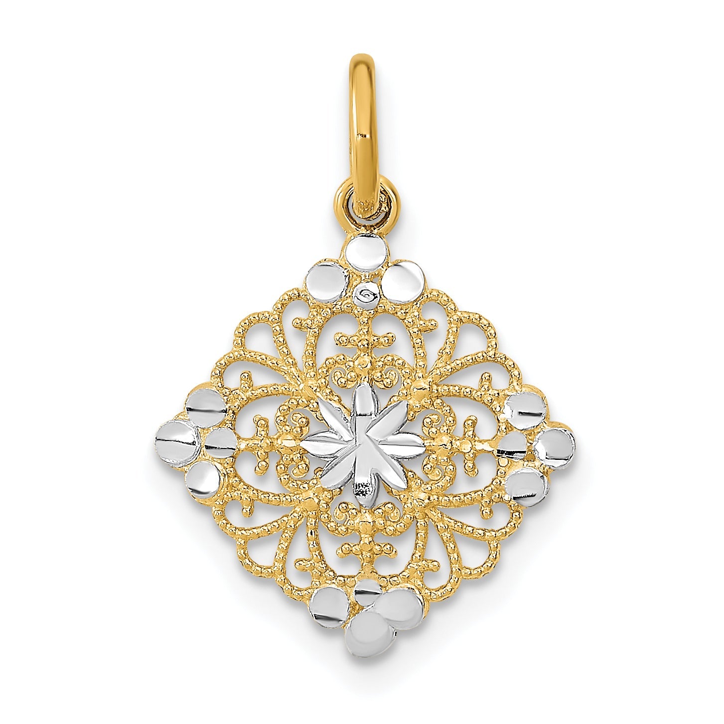 14K Yellow & Rhodium W/Rhodium And D/C Filigree Medallion Charm