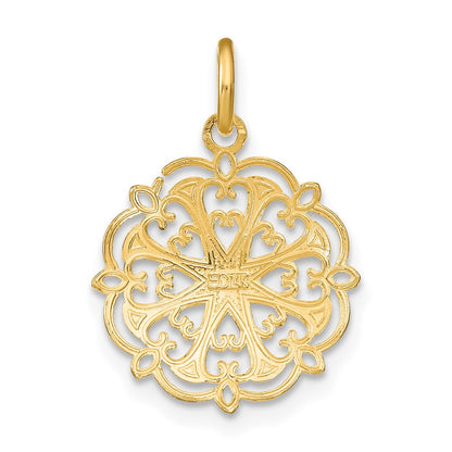 14K Yellow & Rhodium W/Rhodium And D/C Filigree Heart Round Charm