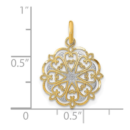 14K Yellow & Rhodium W/Rhodium And D/C Filigree Heart Round Charm