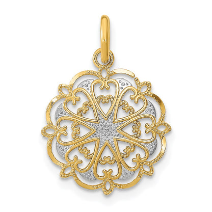 14K Yellow & Rhodium W/Rhodium And D/C Filigree Heart Round Charm