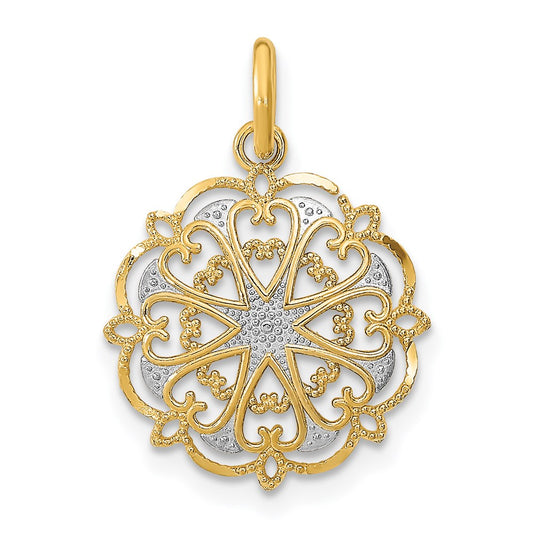 14K Yellow & Rhodium W/Rhodium And D/C Filigree Heart Round Charm