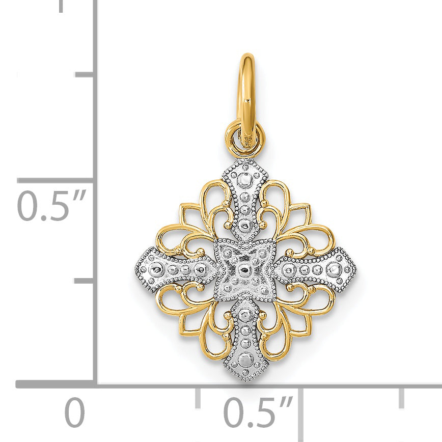 14K Yellow & Rhodium W/Rhodium And D/C Filigree Medallion Charm