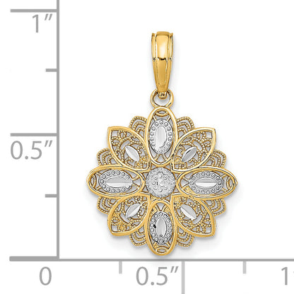 14K Yellow & Rhodium W/Rhodium And D/C Filigree Flower Charm