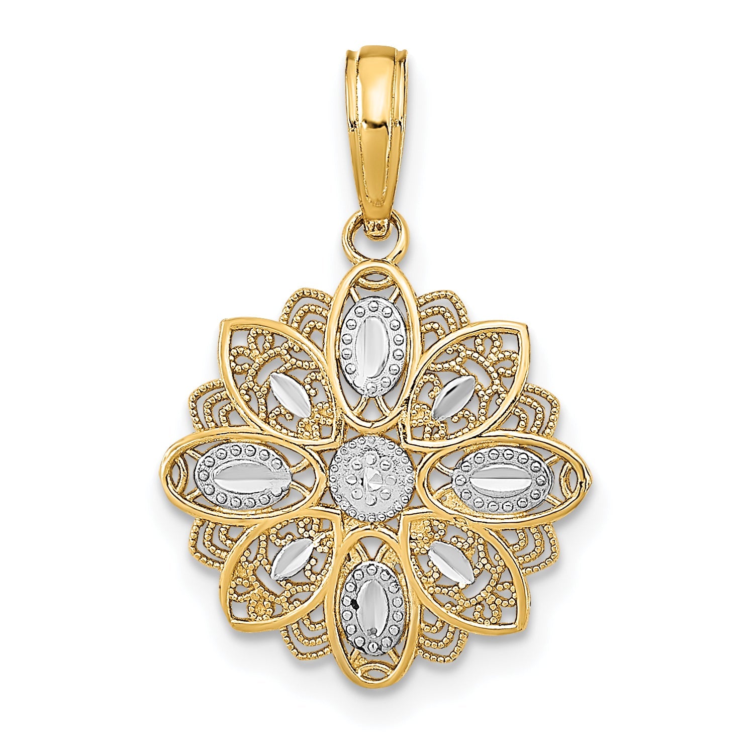 14K Yellow & Rhodium W/Rhodium And D/C Filigree Flower Charm