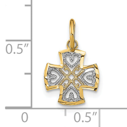 14K Yellow & Rhodium W/Rhodium And D/C Hearts In Cross Charm