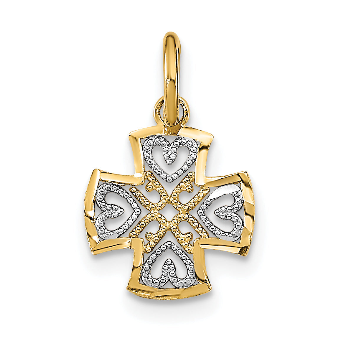 14K Yellow & Rhodium W/Rhodium And D/C Hearts In Cross Charm