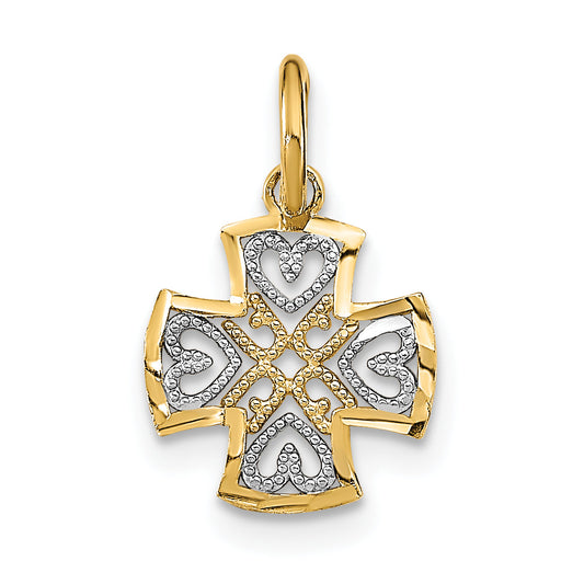 14K Yellow & Rhodium W/Rhodium And D/C Hearts In Cross Charm