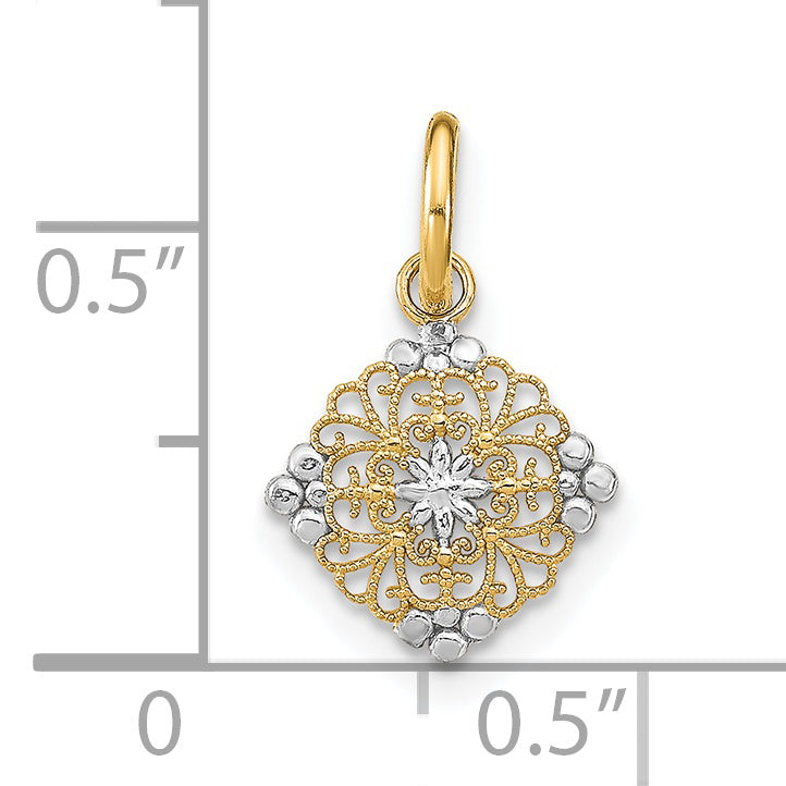 14K Yellow & Rhodium W/Rhodium D/C Mini Filigree Medallion Charm