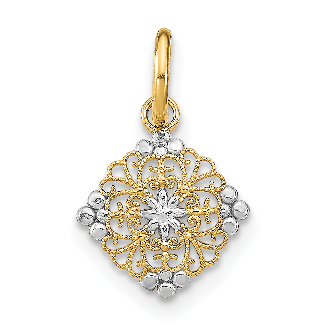 14K Yellow & Rhodium W/Rhodium D/C Mini Filigree Medallion Charm