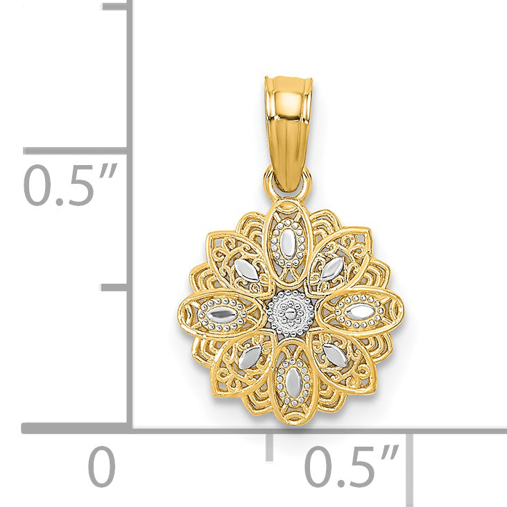 14K Yellow & Rhodium W/Rhodium And D/C Mini Filigree Flower Charm