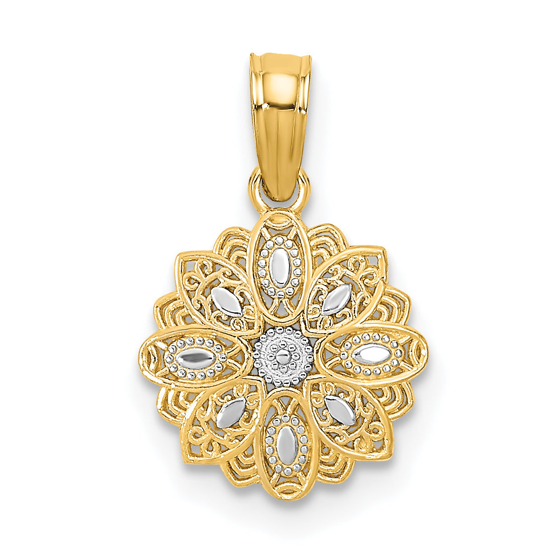 14K Yellow & Rhodium W/Rhodium And D/C Mini Filigree Flower Charm