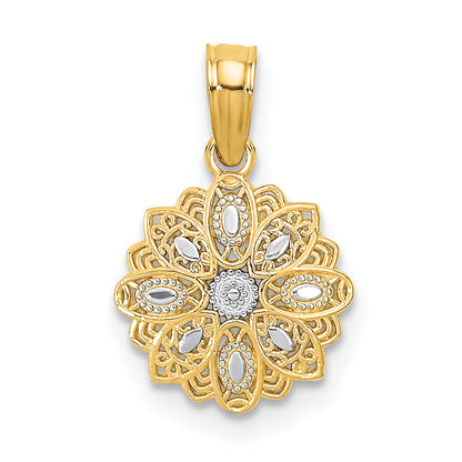 14K Yellow & Rhodium W/Rhodium And D/C Mini Filigree Flower Charm