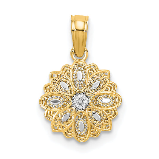14K Yellow & Rhodium W/Rhodium And D/C Mini Filigree Flower Charm