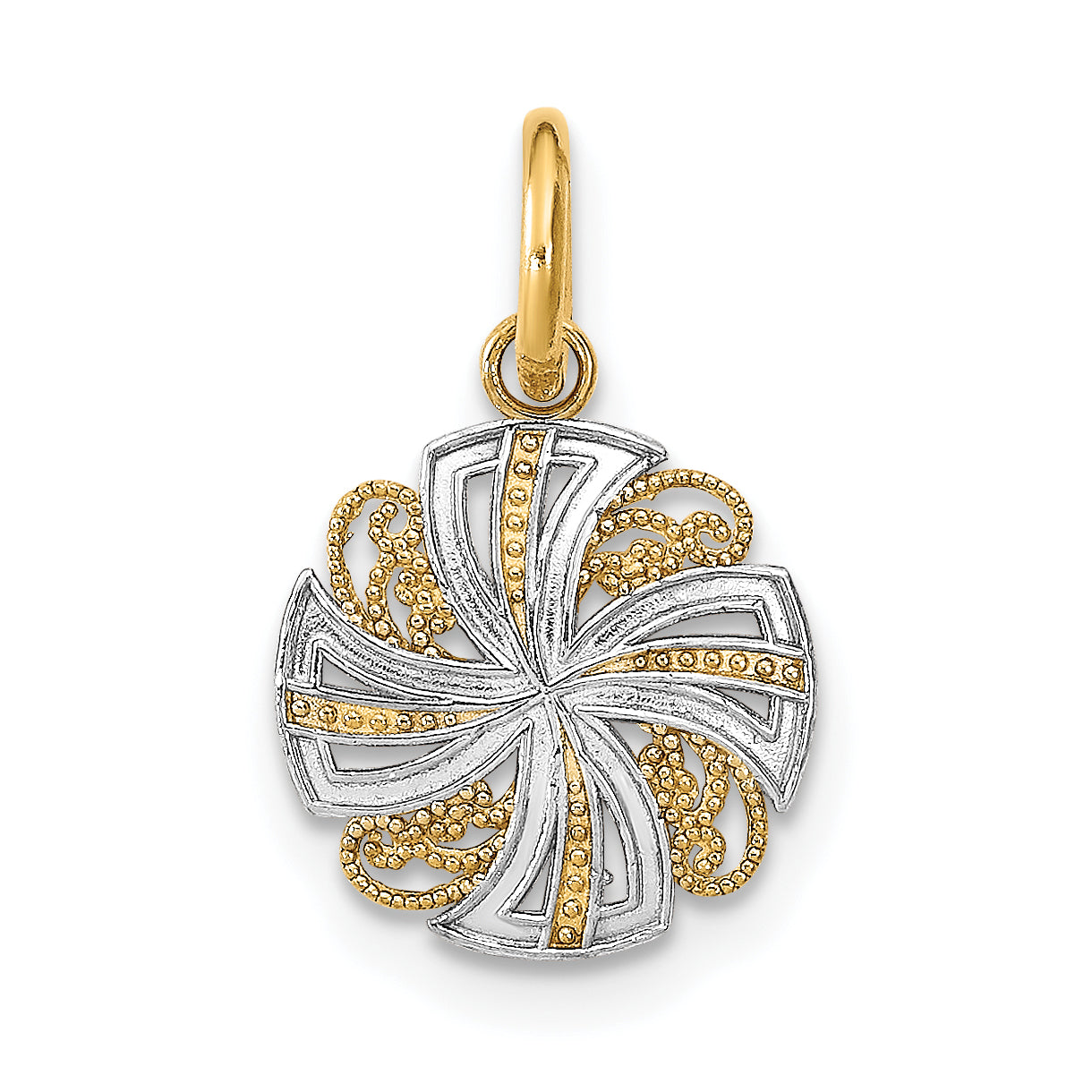 14K Yellow & Rhodium W/Rhodium And D/C Mini Pinwheel Medallion Charm