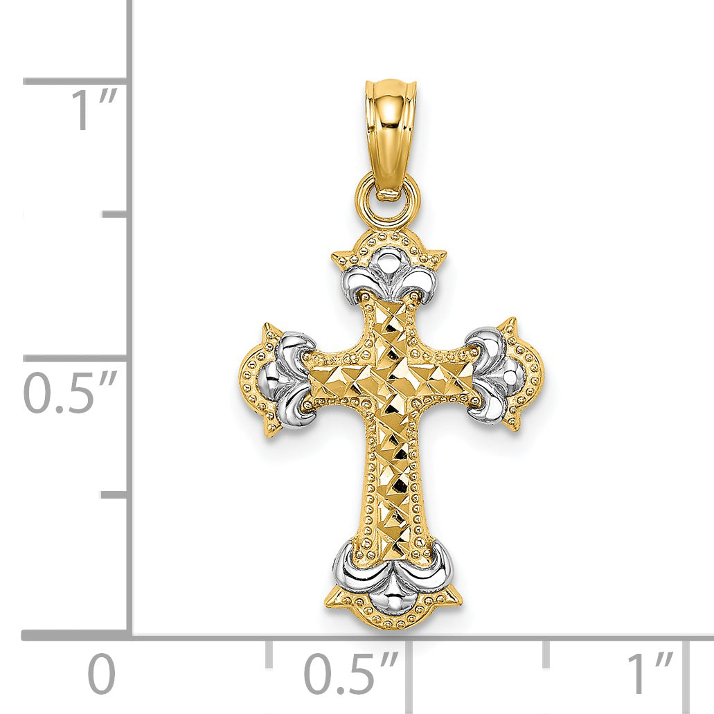 14K Yellow & Rhodium W/ And D/C Fleur-De-Lis Cross Charm