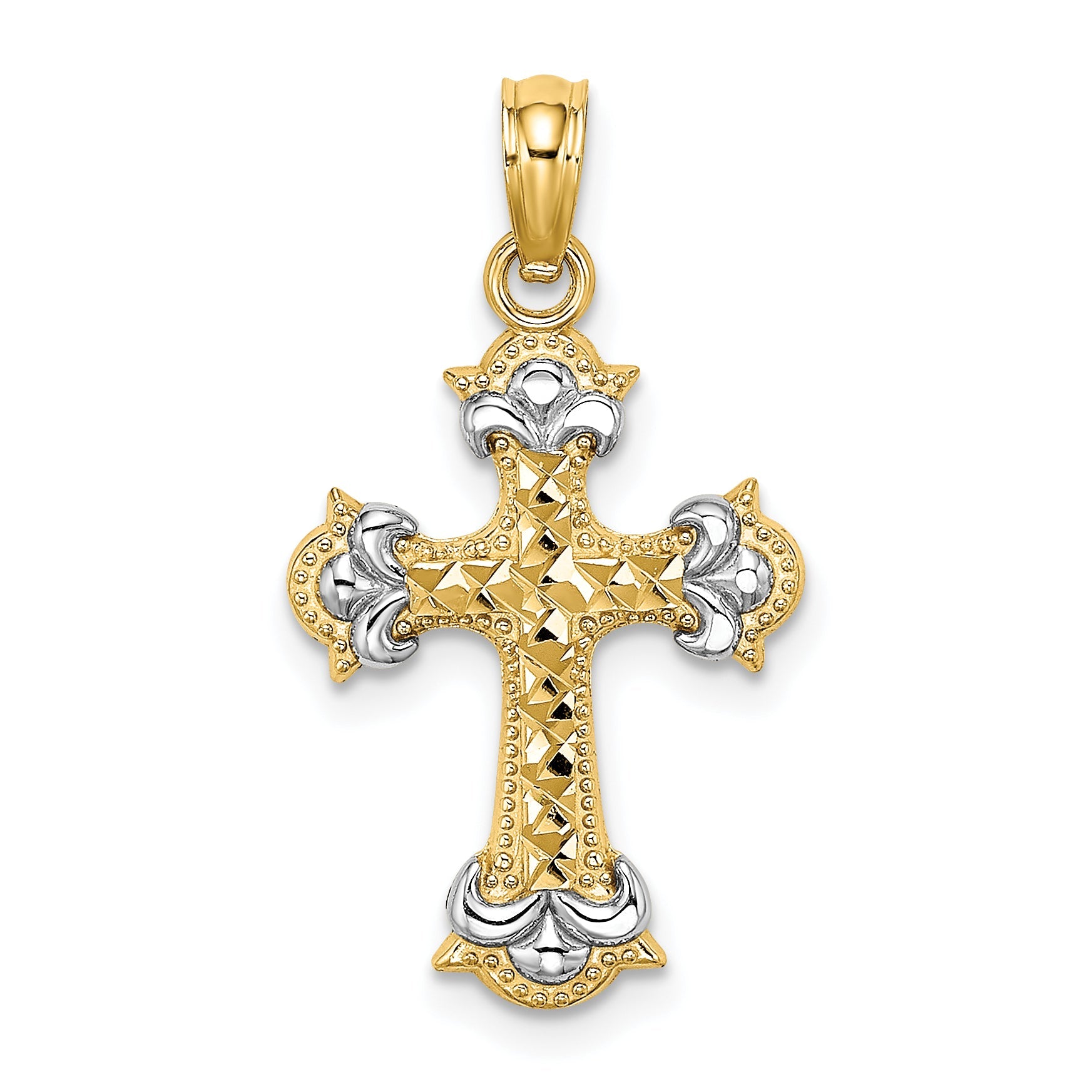 14K Yellow & Rhodium W/ And D/C Fleur-De-Lis Cross Charm