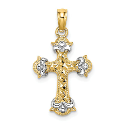 14K Yellow & Rhodium W/ And D/C Fleur-De-Lis Cross Charm