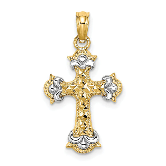 14K Yellow & Rhodium W/ And D/C Fleur-De-Lis Cross Charm