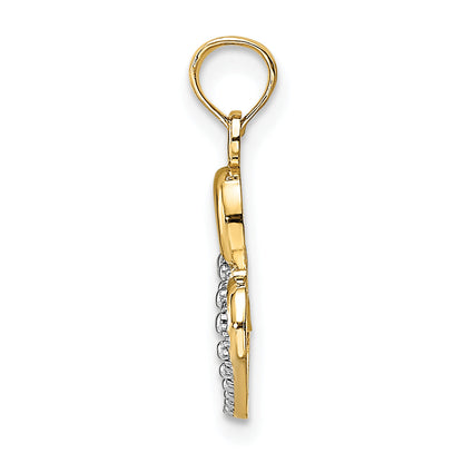 14K Yellow & Rhodium W/ Polished And Textured Intertwined Hearts Charm