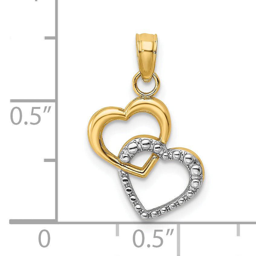 14K Yellow & Rhodium W/ Polished And Textured Intertwined Hearts Charm