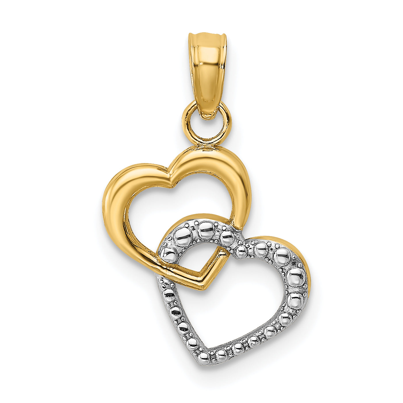 14K Yellow & Rhodium W/ Polished And Textured Intertwined Hearts Charm