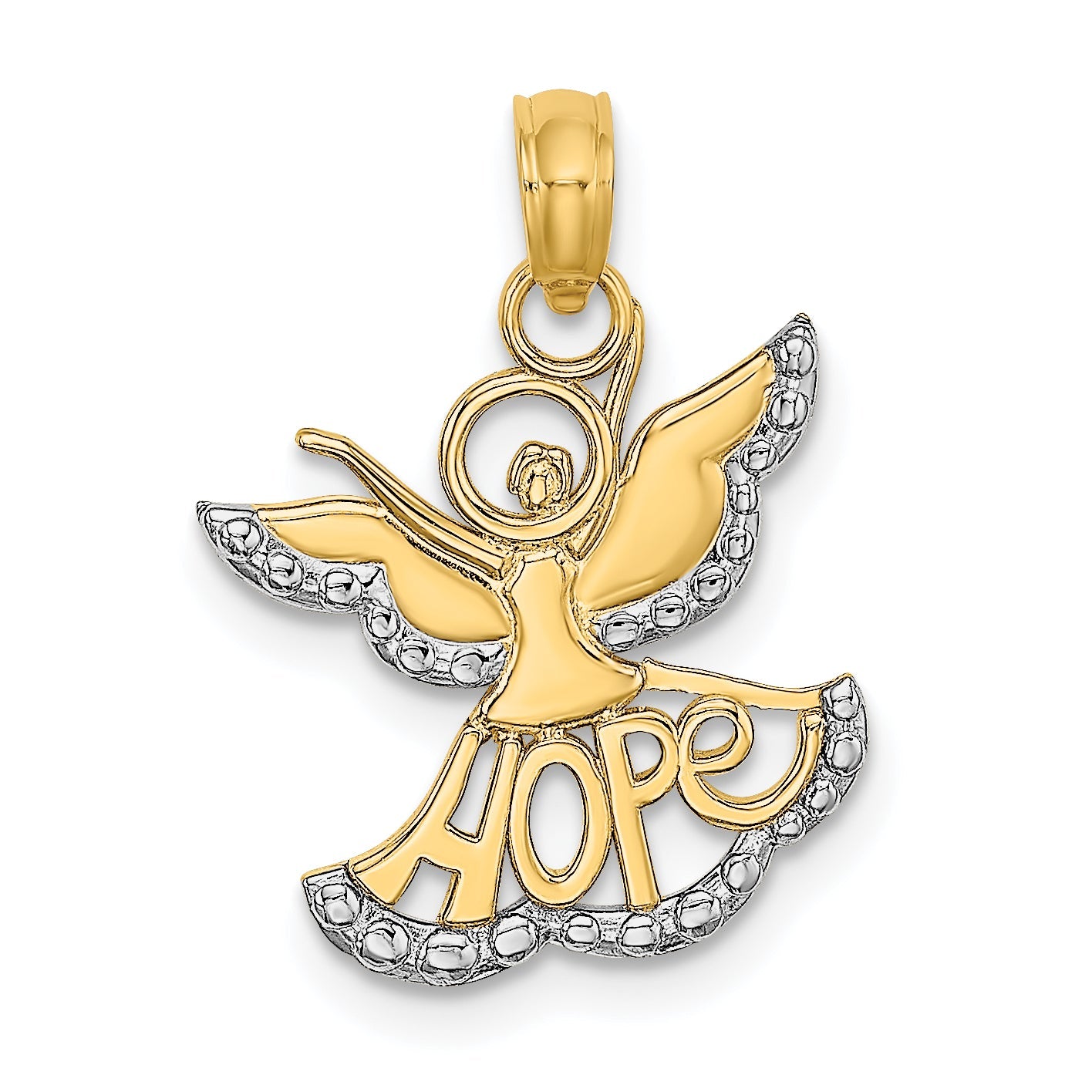 14K Yellow & Rhodium W/Rhodium Polished/Textured Cut-Out Hope Angel Charm