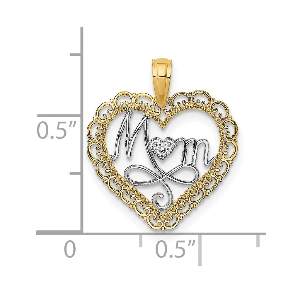 14K Yellow & Rhodium W/Rhodium Cut-Out Mom In Scallop Heart Charm