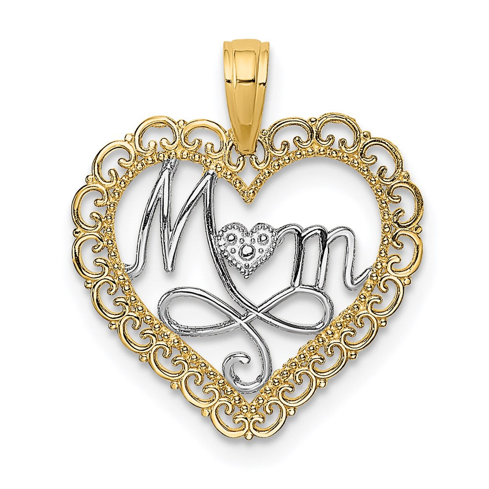 14K Yellow & Rhodium W/Rhodium Cut-Out Mom In Scallop Heart Charm